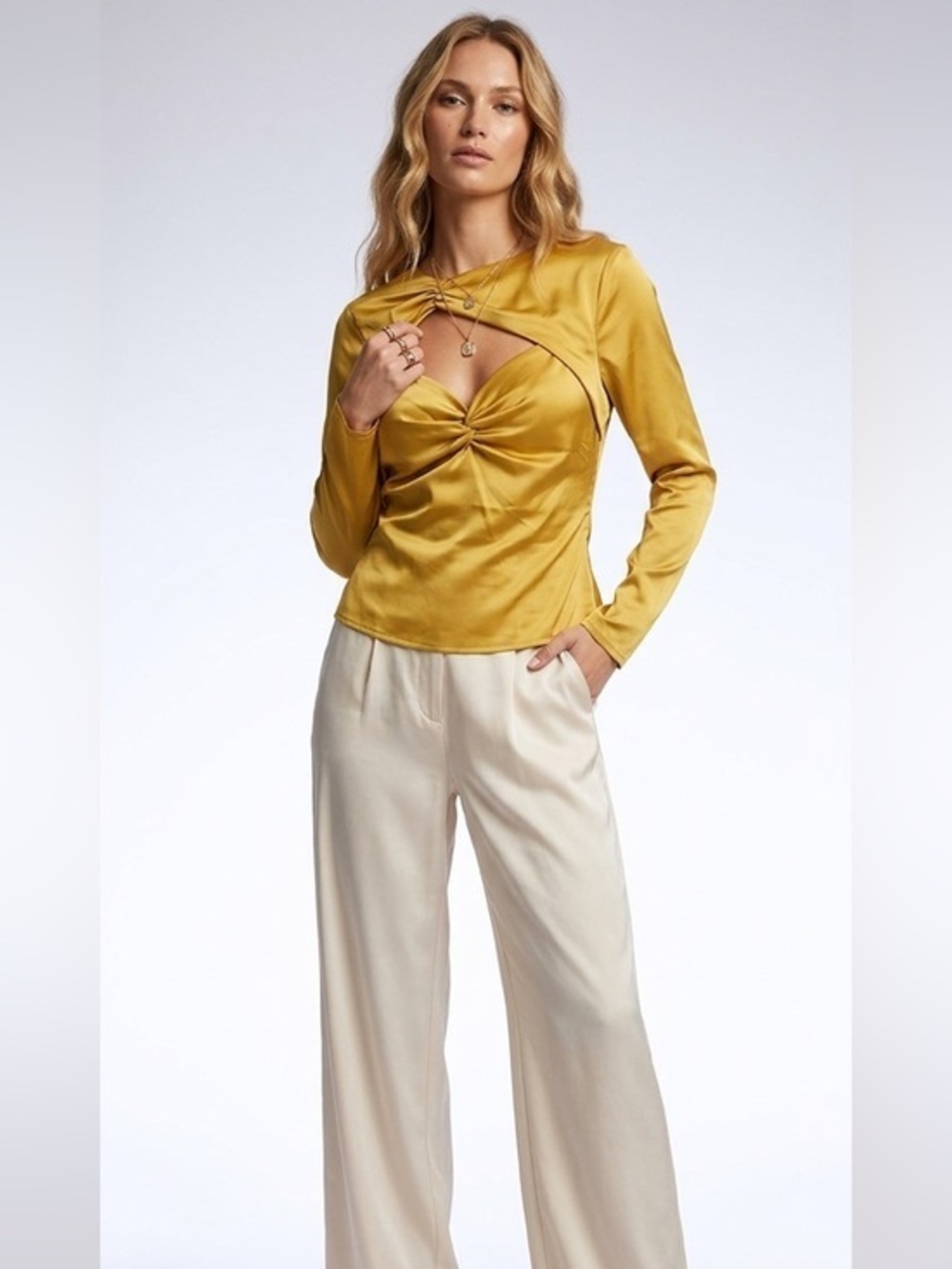 New NA-KD Satin Mustard Yellow Cut Out Long Sleeve Top Size EU 42